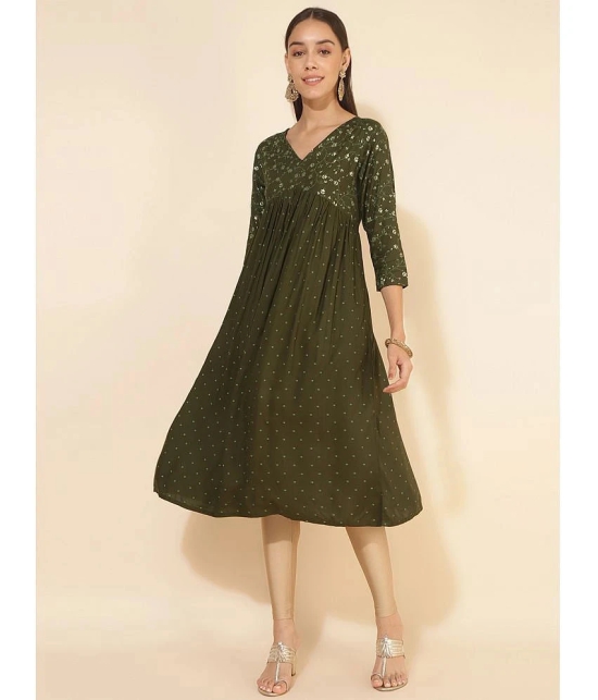 Janasya Rayon Printed Anarkali Womens Kurti - Olive ( Pack of 1 ) - None