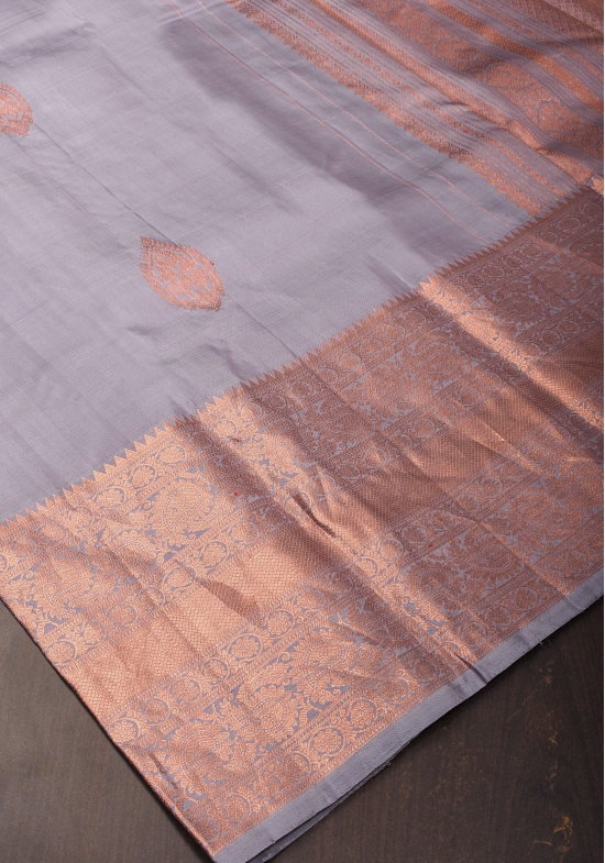 Gray Kanjivaram Pure Silk Saree with Damask Motifs with wide zari copper border | SILK MARK CERTIFIED