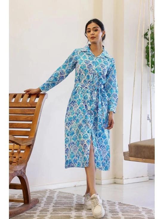 Label Flavia Cotton Printed Midi Womens Shirt Dress - Blue ( Pack of 1 ) - None