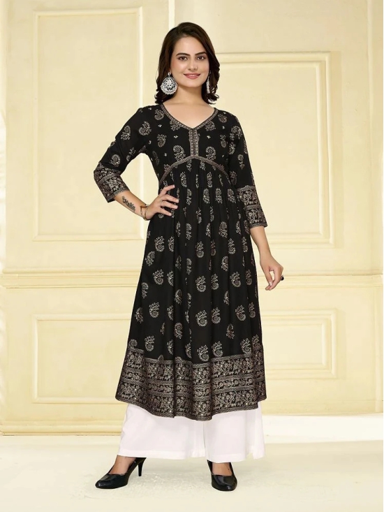 Rangita Women Rayon Black Embellished Calf Length Anarkali Kurti - None