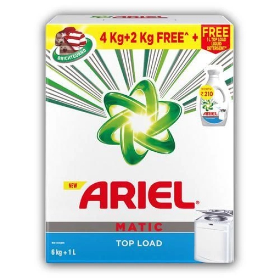 Ariel Matic Laundry Detergent Powder - Top Load, 6 Kg, Get 1 L Matic Liquid Free