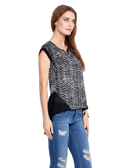 Colour blocked high low printed blouse-S / BLACK