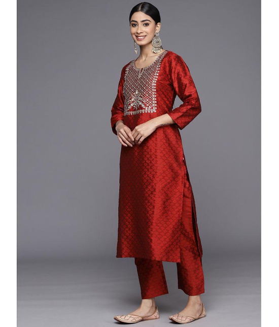 Varanga Silk Blend Embroidered Kurti With Pants Womens Stitched Salwar Suit - Maroon ( Pack of 1 ) - None