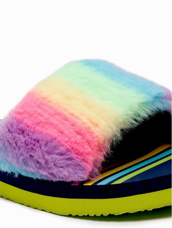 ONYC Kids Slippers for Girls, Premium Rainbow Fur Sliders, Navy Blue