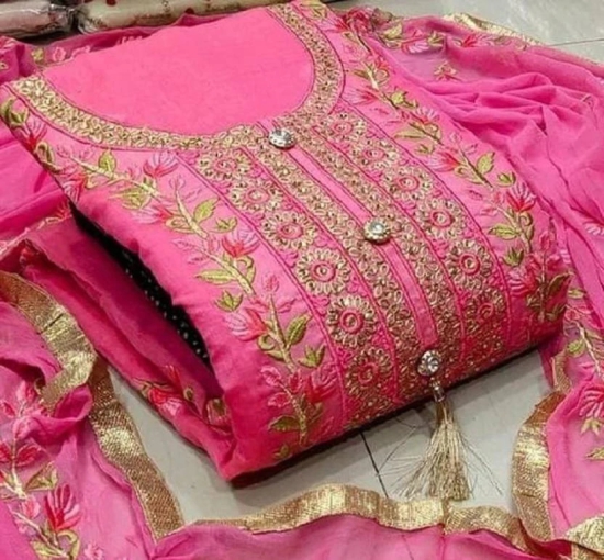 Unstitched Chanderi Salwar Suit Material Embroidered