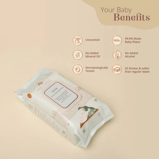 Baby Forest Neer 99.9% Water Baby Wipes | Ideal for 0 Plus Months | No Added Fragrance | Protects Baby's Skin | Dermatologically Tested | Plant-Based Formulations |72 wipes | 3x Thicker & Softer