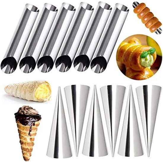 STORE77® 12 Pcs DIY Non-Stick Stainless Steel Baking Cones & Tubes Set. Spiral Horn Pastry Cream Roll Tubes/Cake Cone Mold/Cannoli Forms/Croissant Shell Metal Ice Cream Roll/Funnel Shape/Kitchen/Party