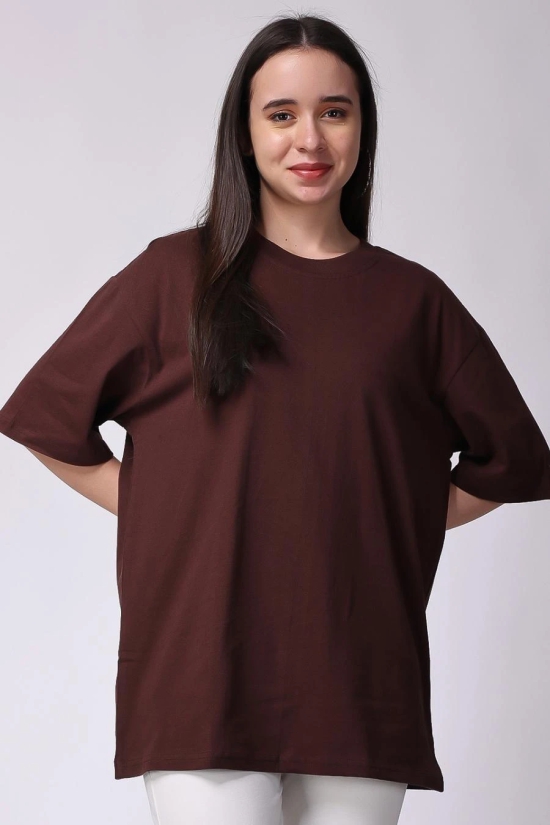 Womens Brown Plain Oversized Drop Shoulder T-Shirt-L / Brown