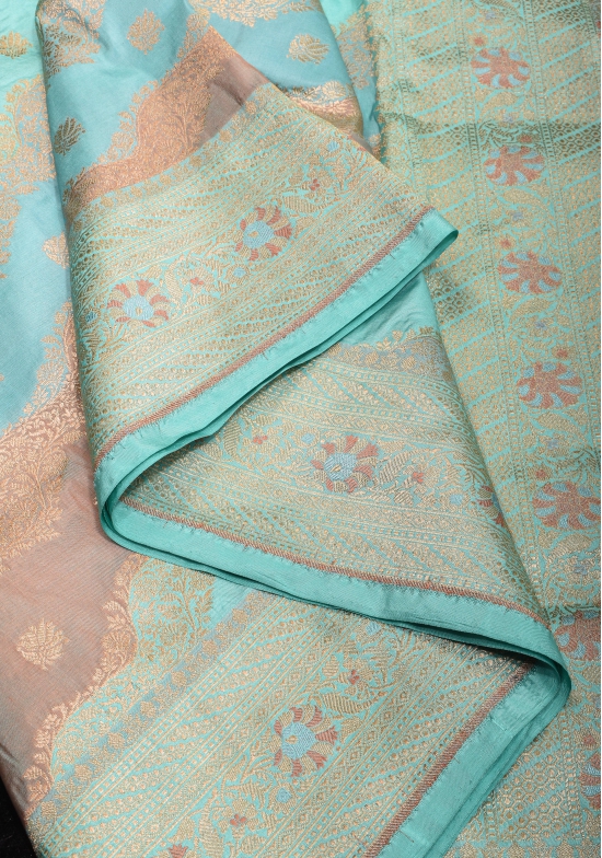 Sky Blue and Peach leheria Jaal Banarasi katan silk saree with zari Meenakari border | SILK MARK CERTIFIED