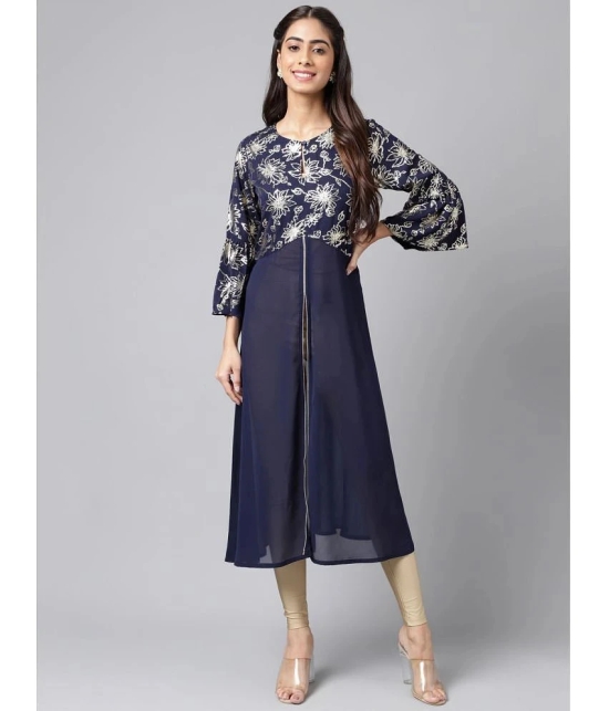 Janasya - Navy Blue Georgette Womens Front Slit Kurti ( Pack of 1 ) - None