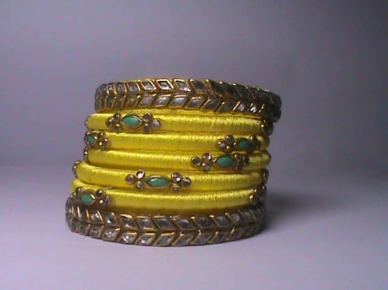  Yellow Silk Thread Bangle Set with Stone and Pearl Embellishment