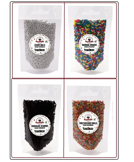 foodfrillz Silver Balls, Rainbow Sprinkles/Vermicelli, Chocolate Vermicelli Sprinkles, Multicolored Balls (50 g x 4) Sprinkles for cake decoration