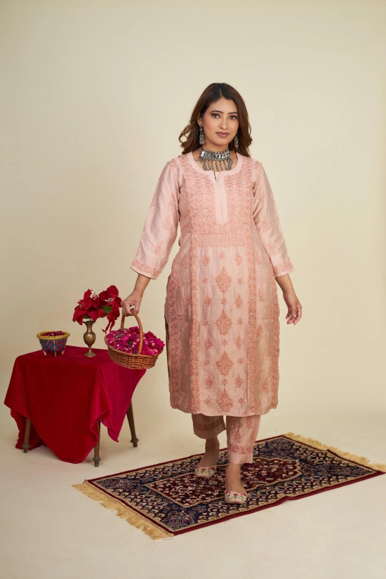 Soft Chanderi 2 pc Kurta set- Ombre Green-Ombre Earth Pink / XXXL