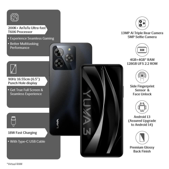 Lava Yuva 3 (Eclipse Black,4+4*GB RAM,UFS 2.2 128GB Storage)|Premium Glossy Back|Octacore Processor|18W Fast Charging|90Hz Punch Hole Display|13MP AI Triple Camera|Side Fingerprint