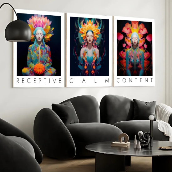 Set Of 3 Calm, Content, Receptive Spiritual Yoga Studio Wood Print Wall Art-23 X 35 Inches Each / Acrylic Glass Thickness: 6mm