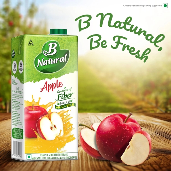 B Natural Apple Juice, Goodness Of Fiber, Vitamin C & E, Made With 100% Fruit Pulp And 0% Concentrate, 1 L