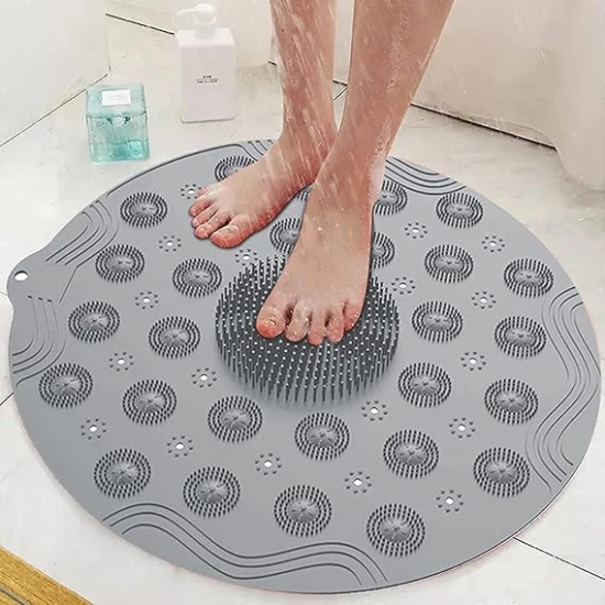 KATHIYAWADI Shower Mats Non Slip Anti Mould 2-in-1 Round Bath Mat & Foot Massager with Drain Holes Suction Cups - Anti-Mould, Antibacterial, Fast Dry(1 PCS)