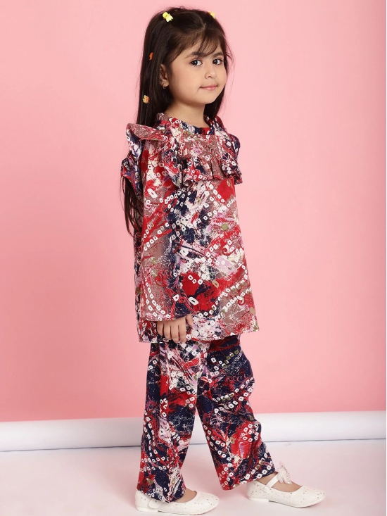 MINI & MING Girls Abstract Printed Round Neck Bell Sleeves Pleated A-Line Top