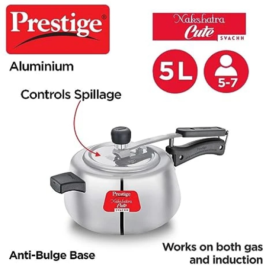 Prestige Nakshatra Cute Svachh Aluminium Gas and Induction Compatible Pressure Cooker, 5 L (Silver)