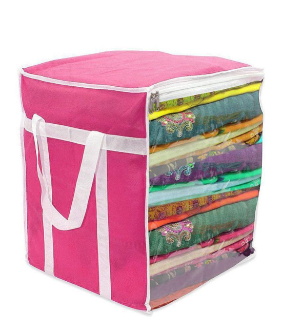 HOMETALES Non-Woven Saree Cover / Cloth Storage & Organizer with Transparent Window (Large, Pink)