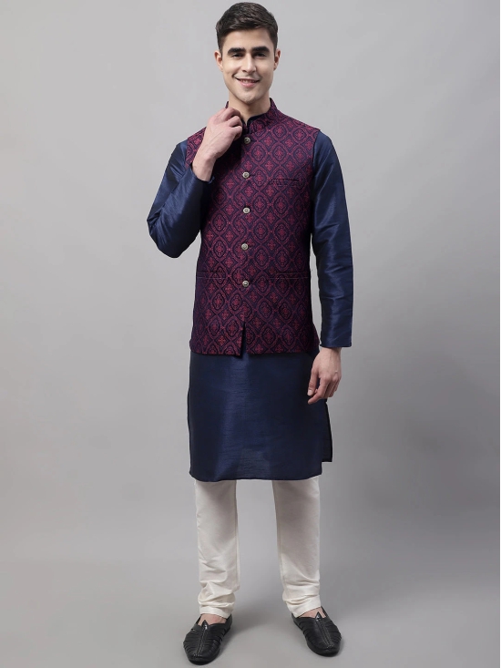 Men Navy Blue Solid Kurta Pyjama with  Maroon Woven Design Nehru Jacket-XXL / Maroon