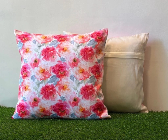 Elegant White & Rose Pink Floral Pattern Printed Cushion Cover - 16x16 Size