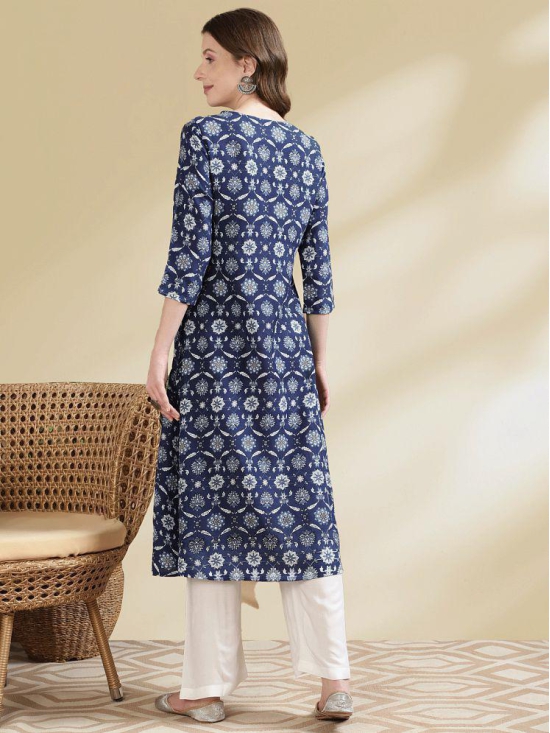 Rangita Women Rayon Blue Embroidered Calf Length A-line Kurti - None