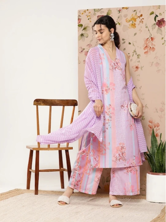 Women Lavender Floral Printed Gotta Patti Kurta with Palazzos & With Dupatta