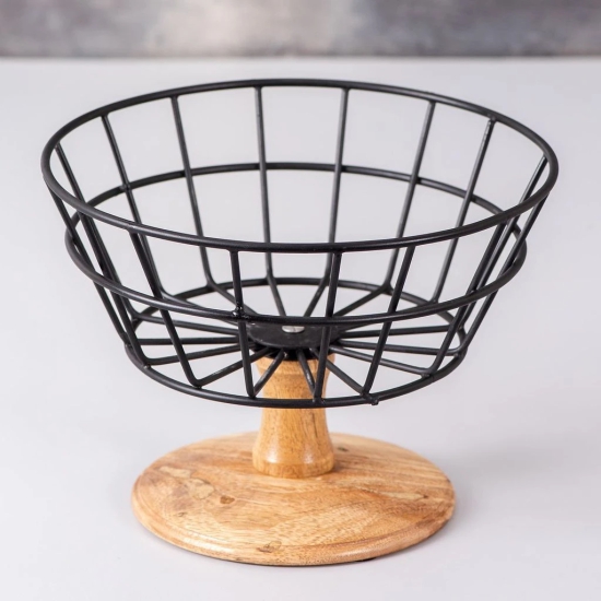 Cache wire basket with wooden stand in Black Color