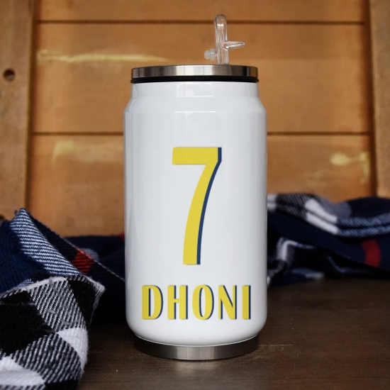 Indigifts Dhoni Coffee Tumbler With Lid And Straw 350 ML|Insulated Steel Sipper Can For Travel|Cold & Hot Beverages|Dent & Scartch Proof|Safe for Kids|MULTI|