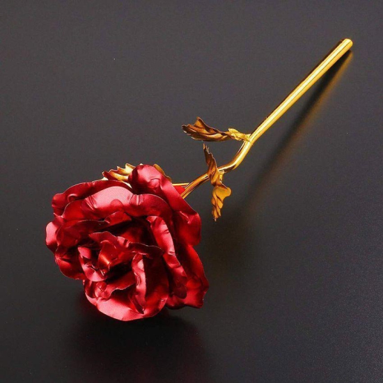 Red Rose Flower with Golden Leaf Valentines Day Gift Box