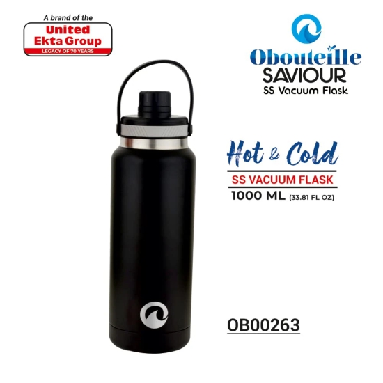 Obouteille Saviour Black Stainless Steel Vacuum Insulated 1 Litre Leak Proof Flask Water Bottle for School/Home/Kitchen/Office/Work/Gym/Outdoor/Exercise/Yoga/Camping/Boys/Girls/Kids/Adults