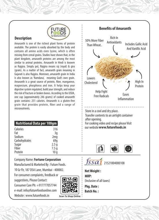 Future Foods Premium Rajgira/Amaranth Flour | Ramdana | Gluten Free | Micro-Nutrients Rich | High Protein & Fiber | Lowers Cholesterol | Rich in Antioxidants | Ideal for Halwa, Chikki & Ladoo | 900g