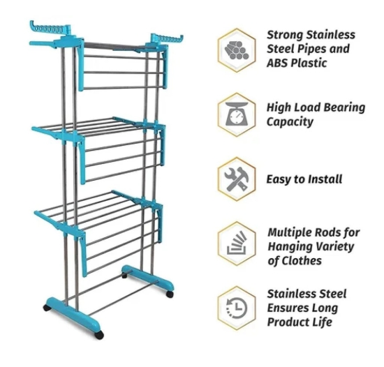 3-Tier Rolling Clothes Airer Heavy Duty Laundry Drying Rack