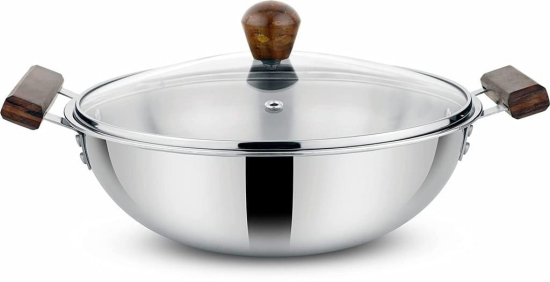 Prabha Stainless Steel Tri-Ply Prochef Kadhai with Lid Wooden Handle, 22cm 2.2L, Induction & Gas Stove, Durable for Long Term and Non Toxic Kadhai Base Heat Dispersion, 5 Year Warranty