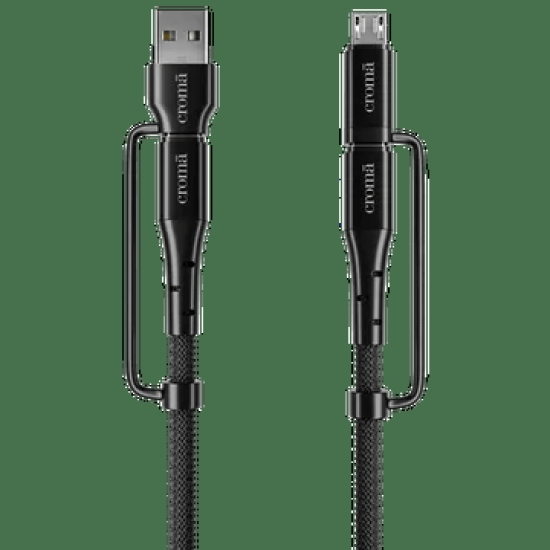 Croma Type A to Type C, Micro USB 3.2 Feet (1M) 4-in-1 Cable (Durable Nylon Braided, Black)