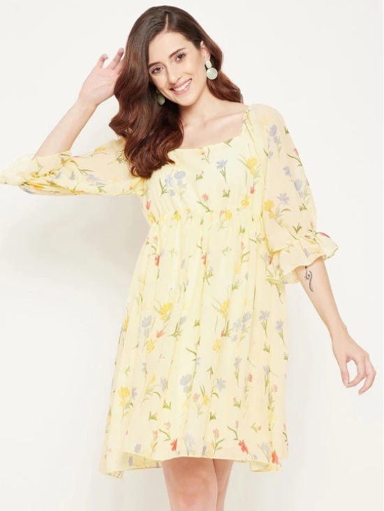 Floral Print Square Neck Puff Sleeve Georgette Fit & Flare Dress