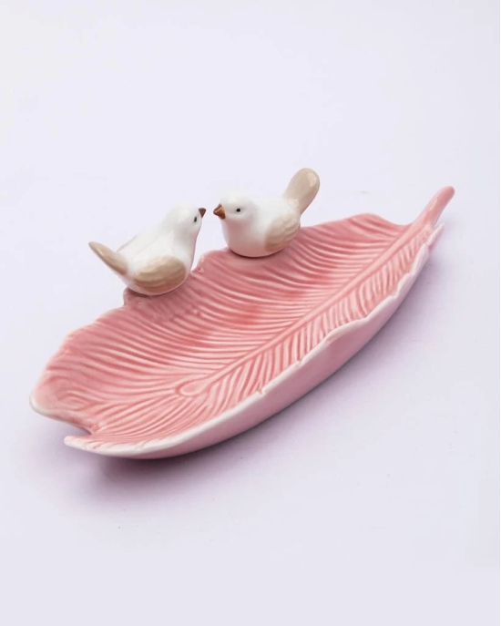 Jewellery Holder Tray, Crafted Bird, for Dressing Table, Ring Dash, Rectangular, Pink, Ceramic