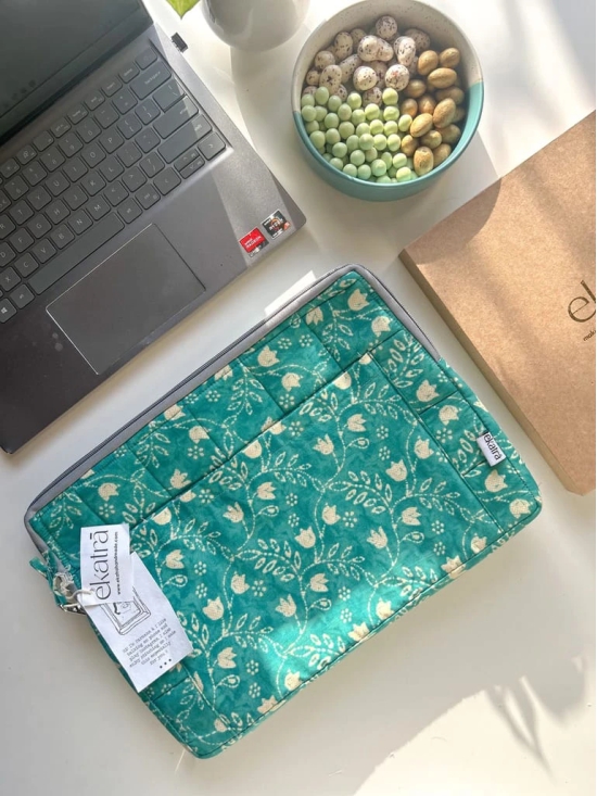 Sustainable Handmade Cotton Laptop Sleeve/Laptop Cover by Ekatra - Teal Floral