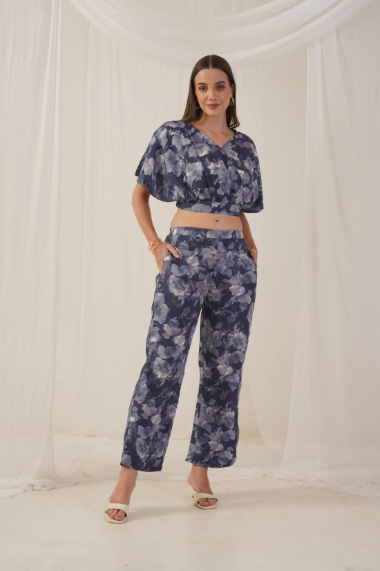 Women Grey Printed Crop Top With Palazzos-M / Grey