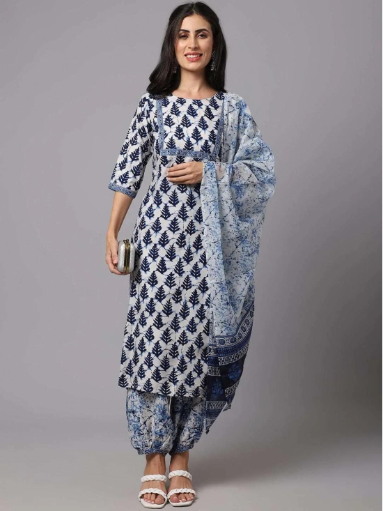 Blue and White Printed Fancy Kurti for Women With Bottom Dupatta set-XL