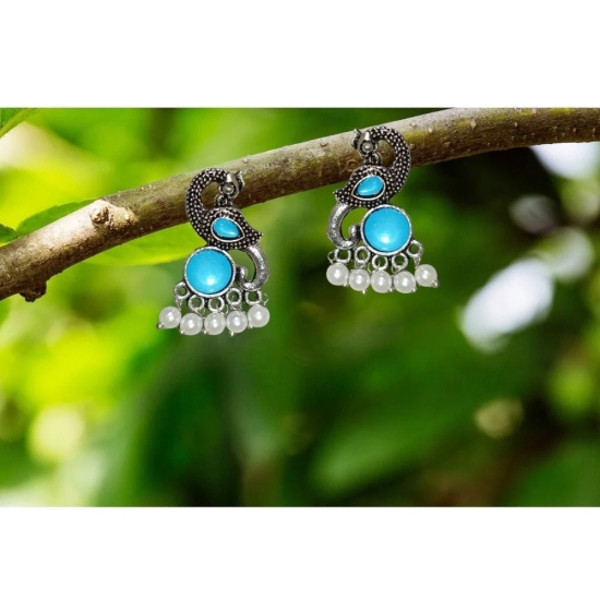 Jewelryklub Earrings For Women Oxidised Silver Peacock Shape Jhumki Earrings For Girls And Women (Blue)