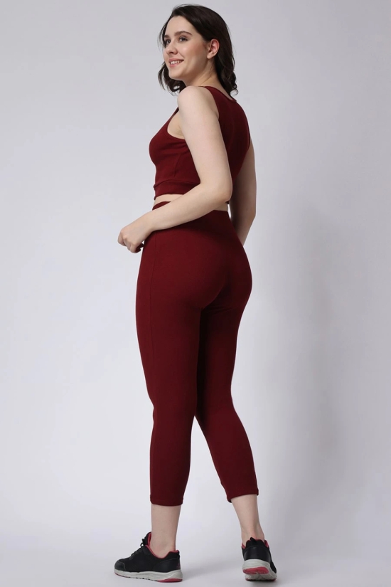 Womens Maroon Gym Co-Ord Set Leggings & Sleeveless Crop Top-S / Maroon