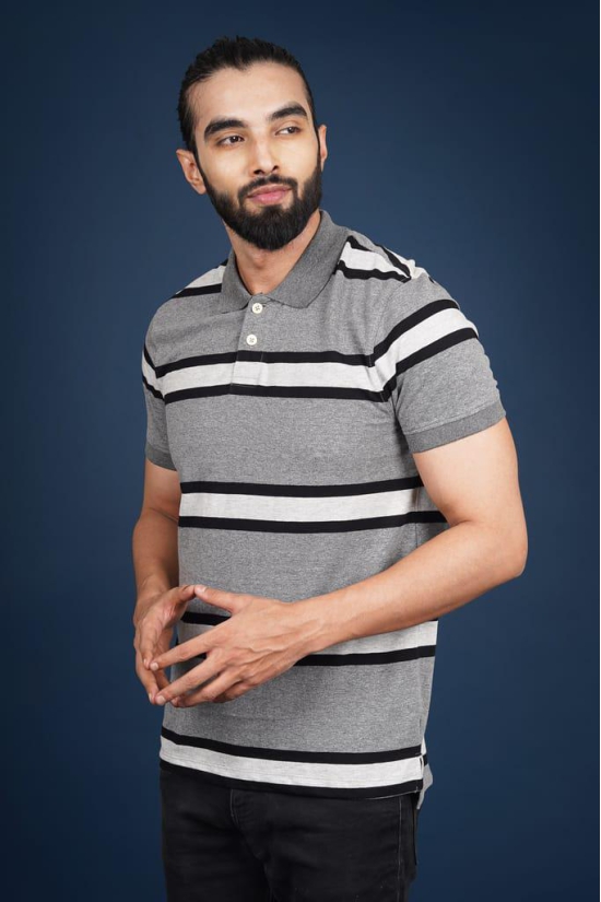 Men's Anthra Mel/Black/White Striped Polo T-Shirt