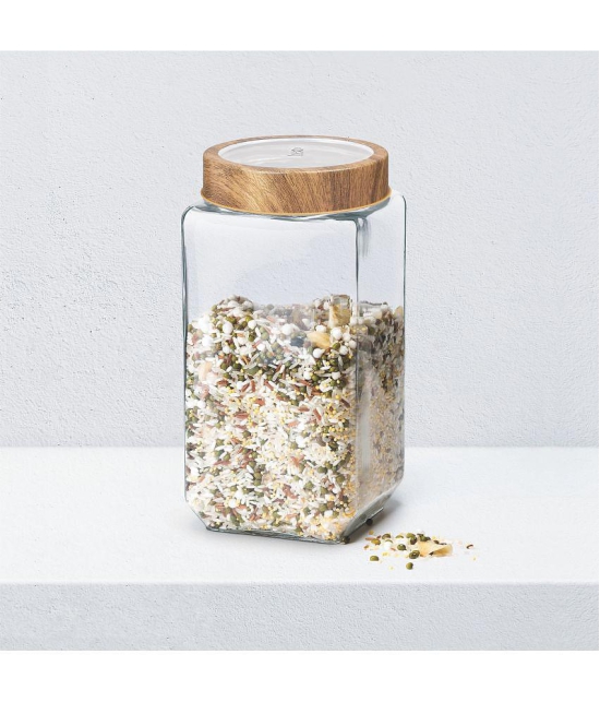 Treo By Milton Woody Cube Glass Jar, 1000 ml, Transparent | Air Tight | Easy to Clean | Candies | Cookies | Pulses | Kitchen Item - Transparent