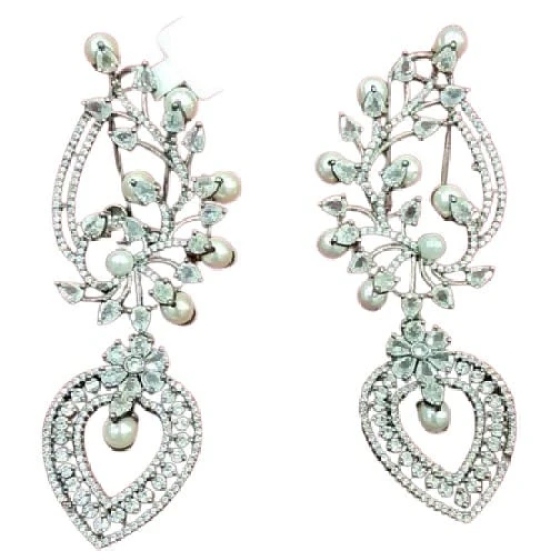 Stunning Cubic Zirconia and Pearl Floral Chandelier Earrings