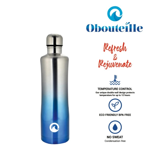 Obouteille Stainless Steel 750 ml Vacuum Insulated Leak Proof Flask Water Bottle for School/Home/Kitchen/Office/Work/Gym/Outdoor/Exercise/Yoga/Camping/Boys/Girls/Kids/Adults - Curvy Silver-Blue