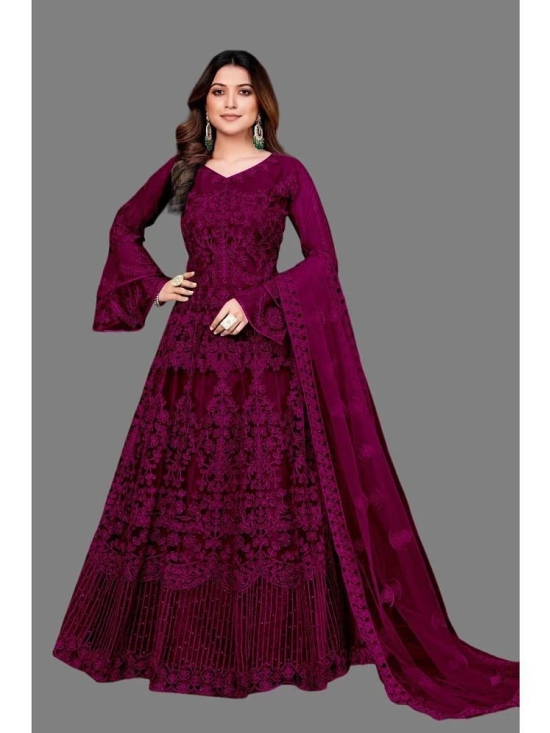 Apnisha Wine Flared Net Womens Semi Stitched Ethnic Gown ( Pack of 1 ) - None