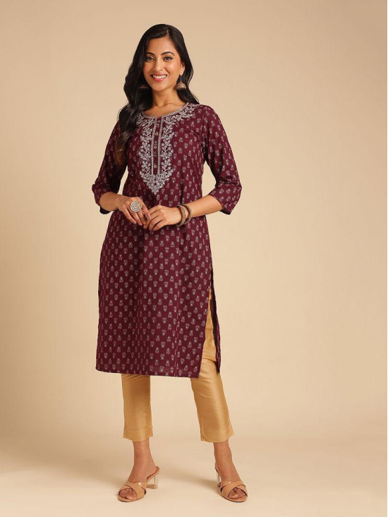 Rangita Women Cotton Maroon Embroidered Calf Length Straight Kurti - None