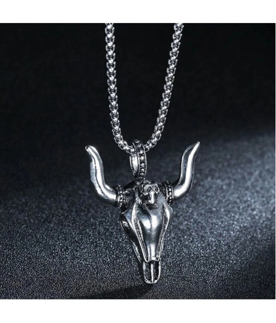 Fashion Frill Silver Chain For Men Stainless Steel Bull Design Silver Chain Pendant With Silver Kada Bracelet For Men Boys Jewellery Combo - None